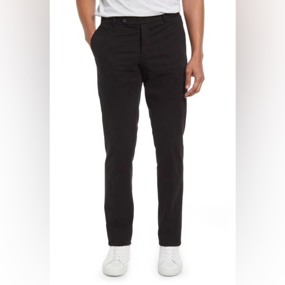 NORDSTROM Trim Straight Leg Stretch Flat Front Chino Trousers in Black